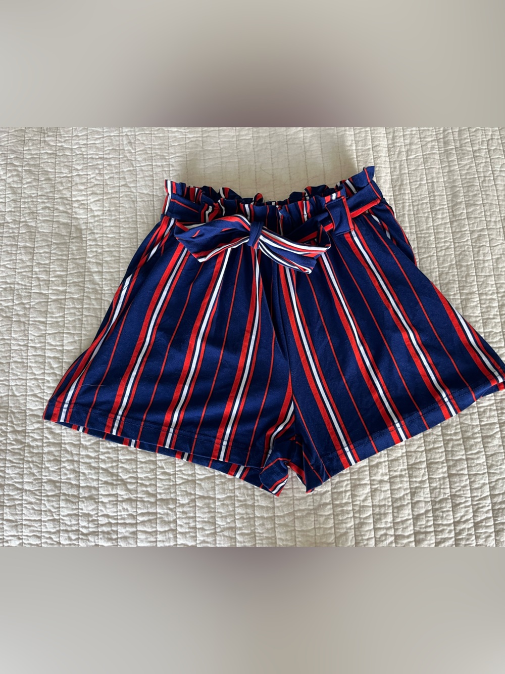 High Waist Navy Striped Paperbag Tie Shorts